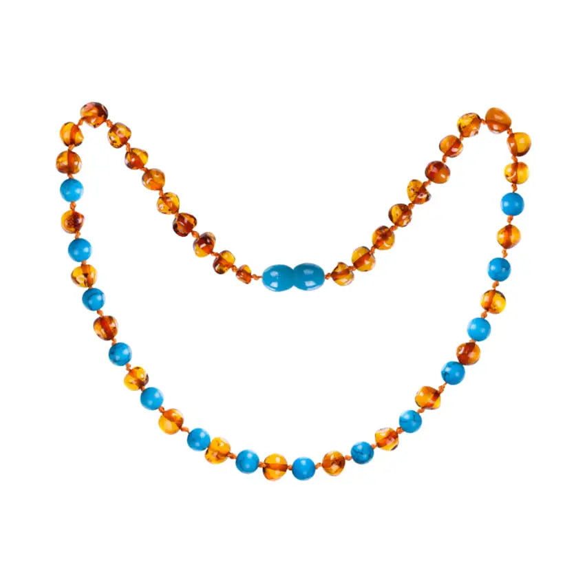 Barnsteen ketting baby/peuter Cognac/Turquoise