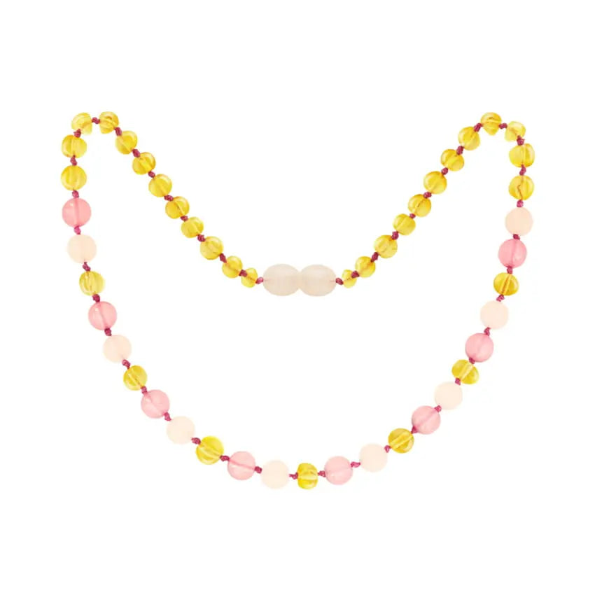 Barnsteen ketting kind lemon, rose quartz, pink jade