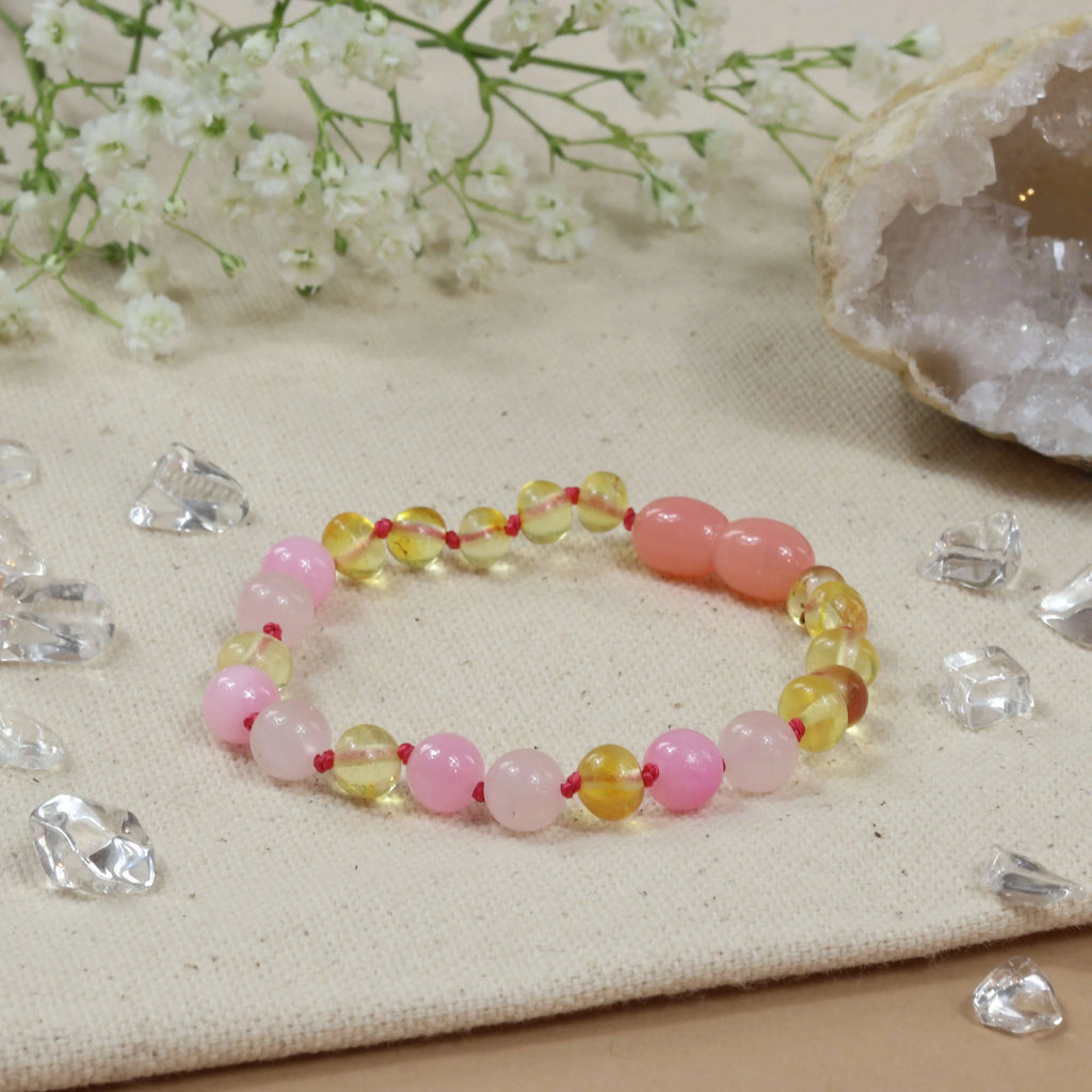 Barnsteen armband baby/peuter lemon, rose quartz, pink jade