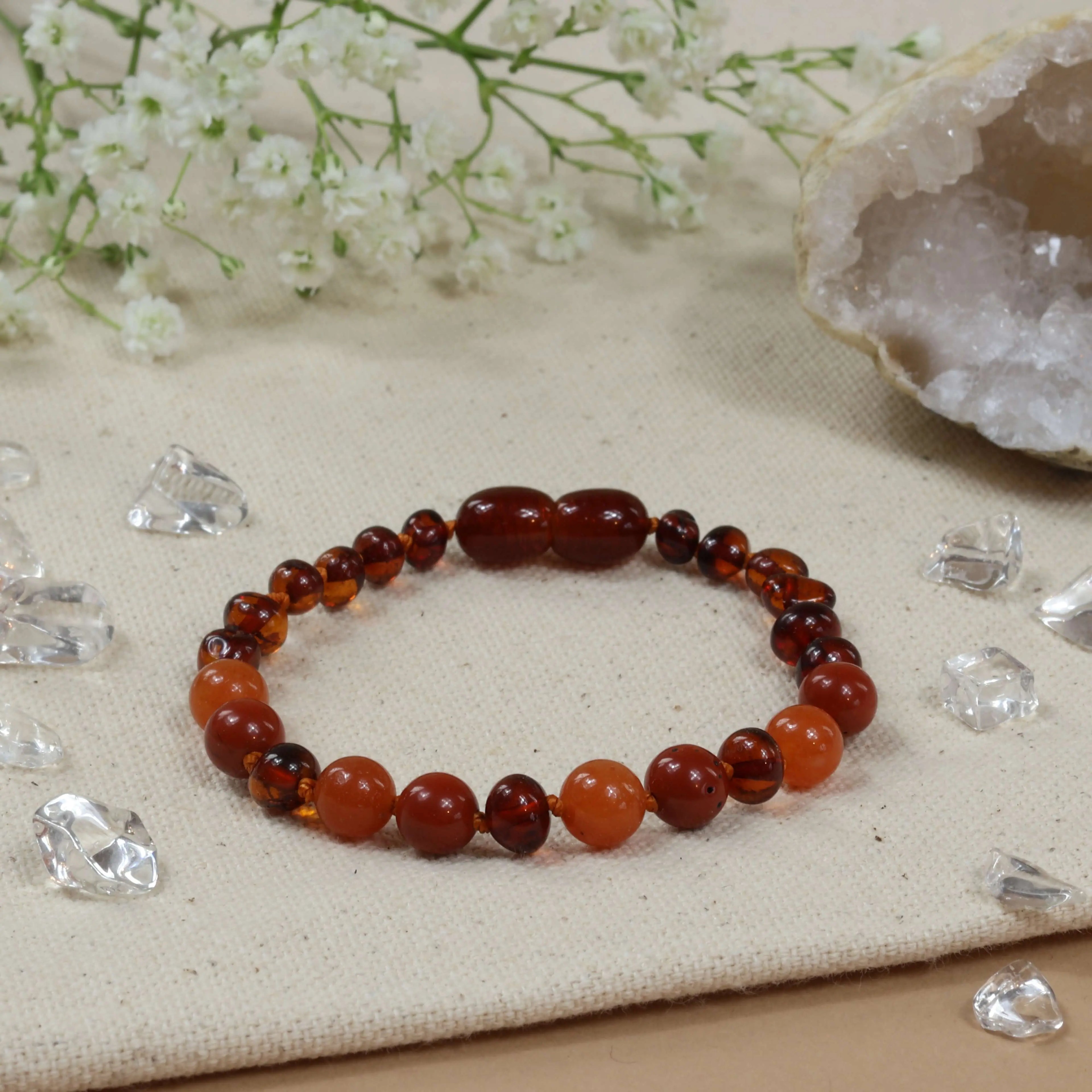 Barnsteen armband baby/peuter cognac - aventurijn - jaspis