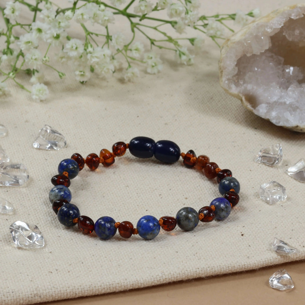 Barnsteen armband baby/peuter cognac - lapis lazuli