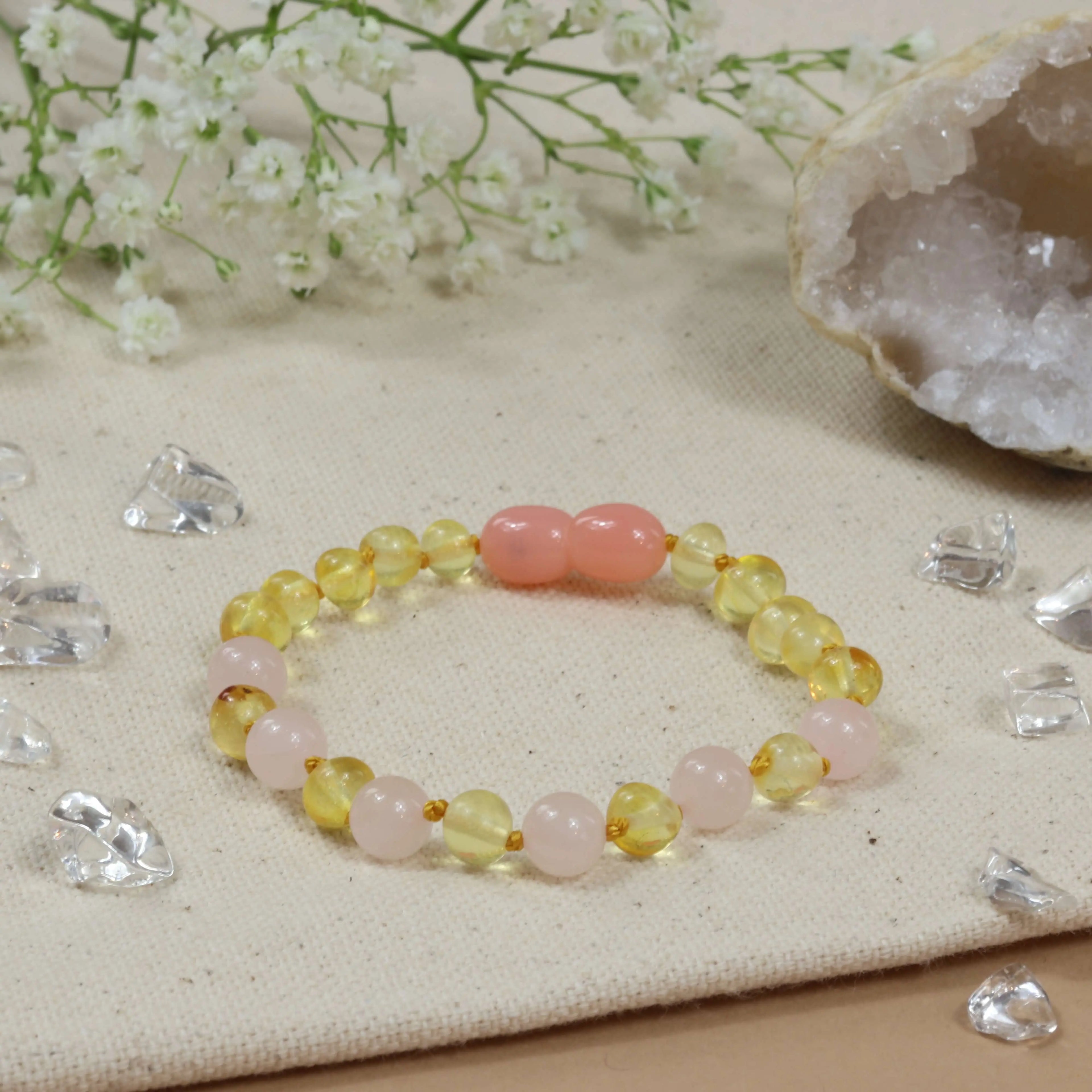 Barnsteen armband kind lemon - rose quartz