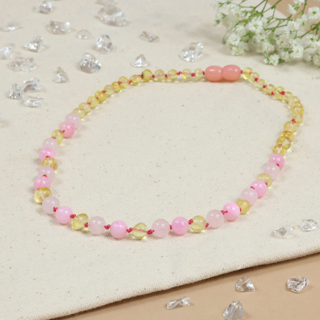 Barnsteen ketting kind lemon, rose quartz, pink jade