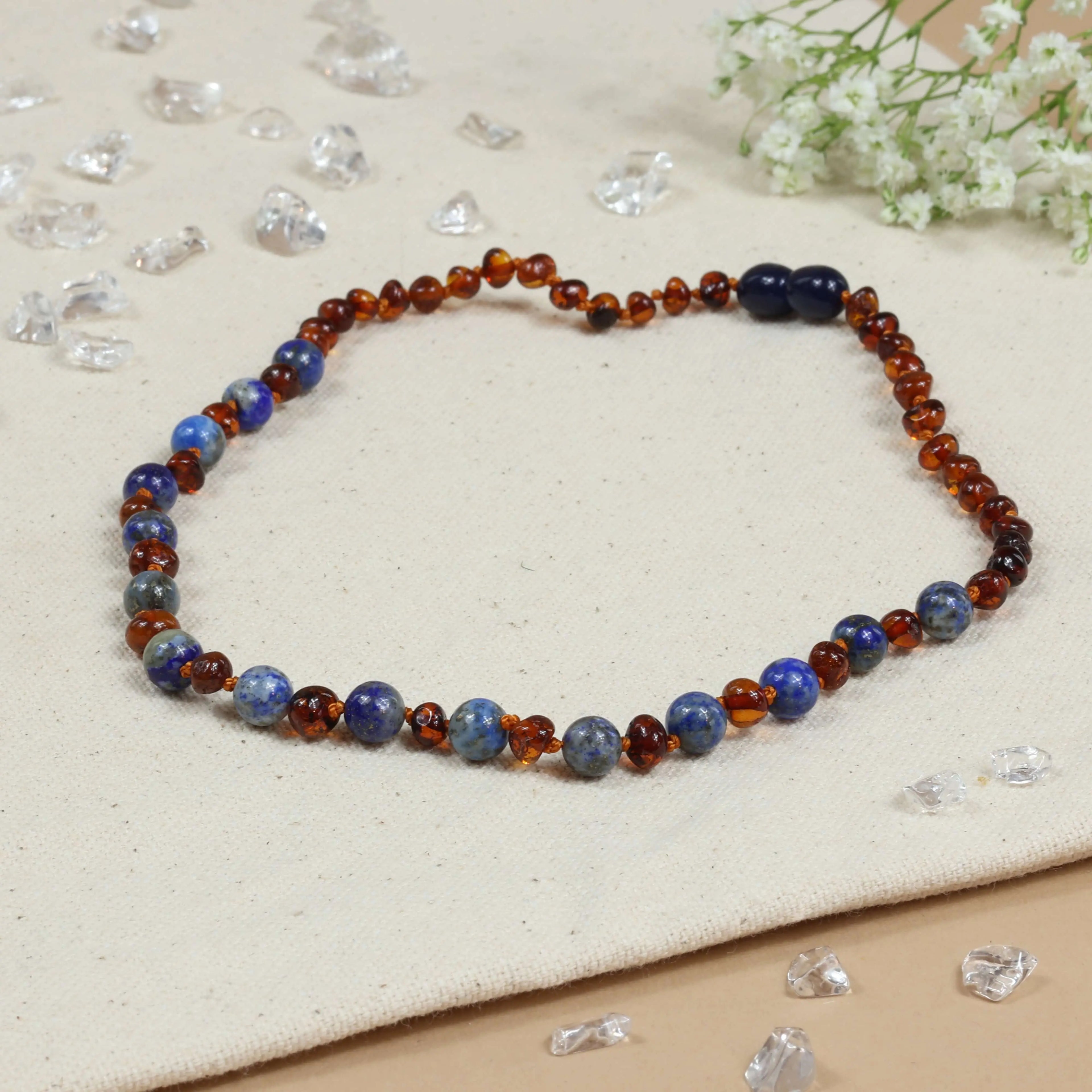 Barnsteen ketting baby/peuter cognac - lapis lazuli