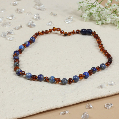 Barnsteen ketting kind cognac - lapis lazuli